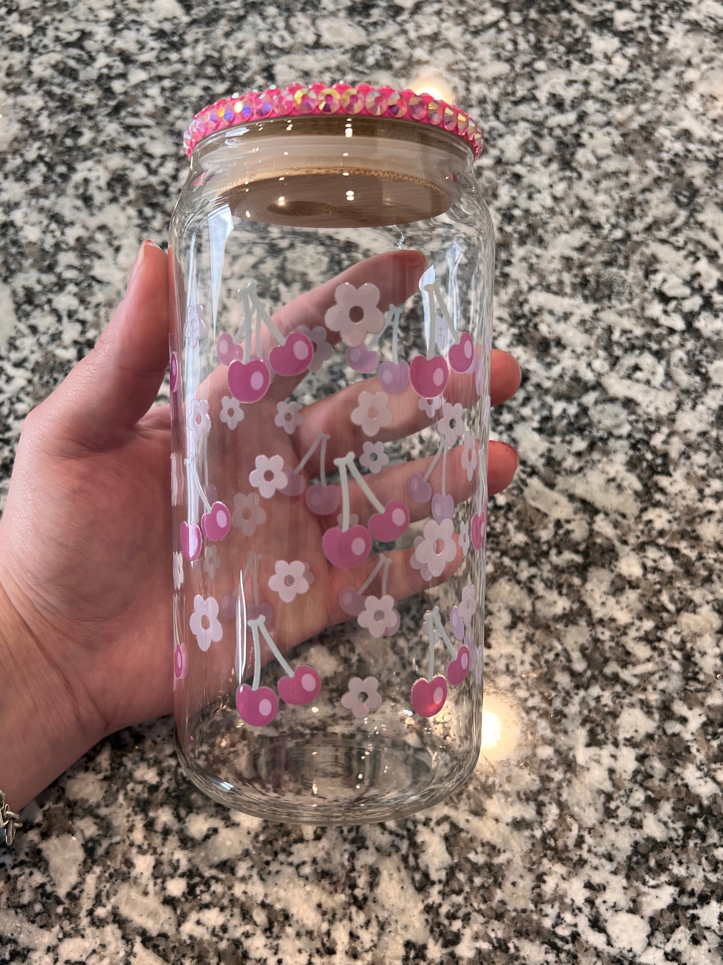 Pink Floral 16 oz Glass Cup